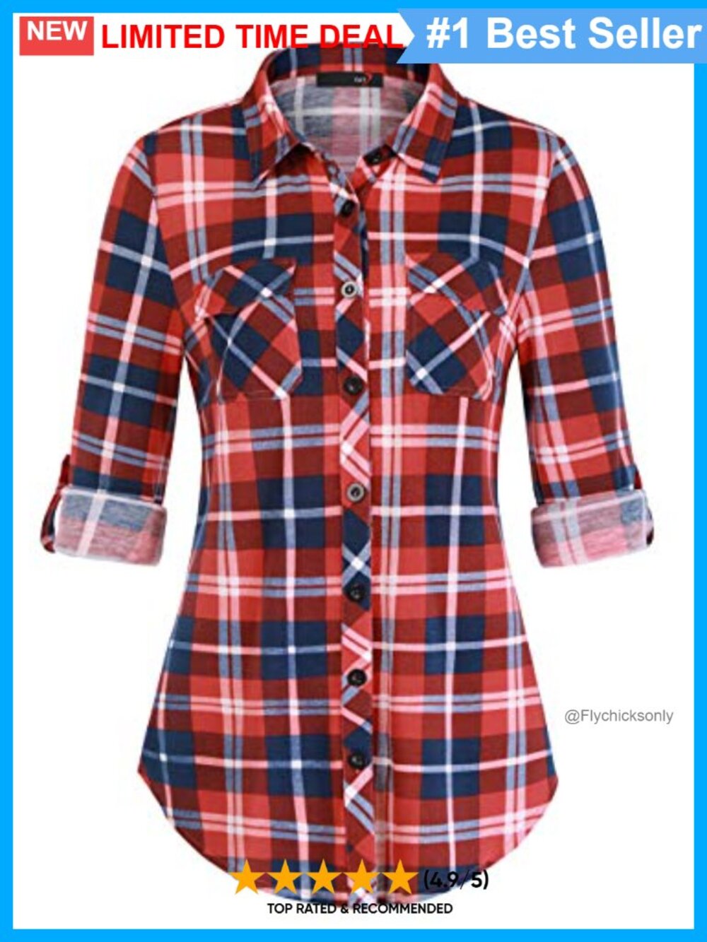 Soft Stretchy Plaid Button Down Shirt Long Sleeve Boyfriend Blouse